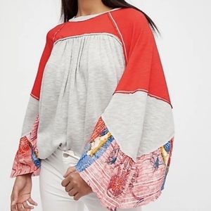 Free People Gray Red Oversized Loose Friday Fever Thermal Raglan Top Shirt Boho